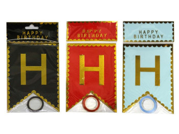 Розтяжка святкова прапорці Happy Birthday із золотом та контуром, 16,5×11,5 см