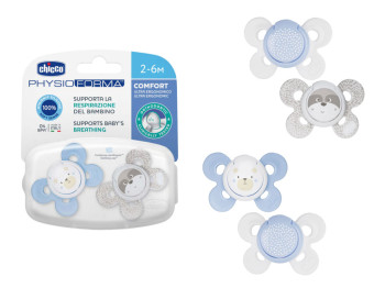 Комплект пустышек Physio Comfort 74931.21.00, 2-6мес, 2 шт, силикон, с контейнером, 3 вида, Chicco