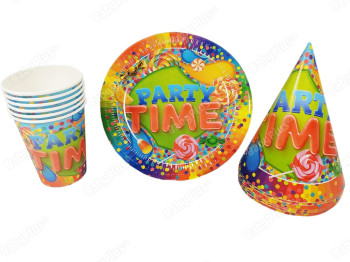 Набор День Рождение Party Time, Стаканчики 6 шт + колпачки 6 шт + тарелки 6 шт, Jumbi