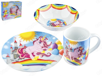 Набор посуды детской, фарфоровой 3 предмета Единорог (расцветки ассорти)