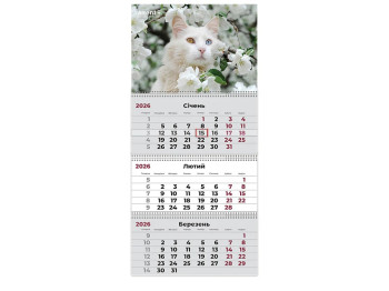Календарь настенный квартальный Axent Cats 3 2026, 3 пружины, 297×630 мм