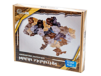 Мапа України двошарова деревяна настінна коричнева 60х90 см. PuzzleOK Арт-90609