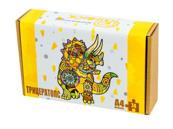 Фигурный деревянный пазл Трицератопс A4, в картонной упаковке, PuzzleOk