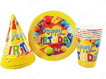 Набор День Рождение Happ birthday желтый,Стаканчик 6 шт + колпачки 6 шт + тарелки 6 шт, Jumbi