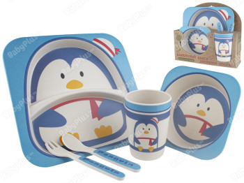Набор детской бамбуковой посуды 5 предметов Stenson Пингвин 2 (2 тарелки, вилка, ложка, стакан)