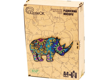 Фигурный деревянный пазл Редкий Носорог A4, в деревянной упаковке, PuzzeOk
