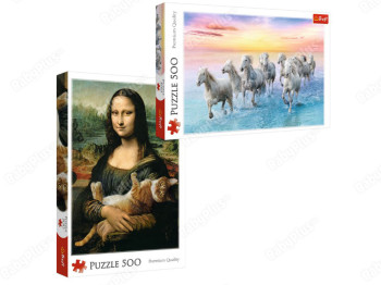 Пазлы Кони скачут по пляжу + Мона Лиза и дремлющей котенок. 500 + 500 элементов. Trefl 37013