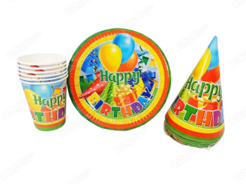 Набор День Рождение Happ birthday зеленый,Стаканчик 6 шт + колпачки 6 шт + тарелки 6 шт, Jumbi