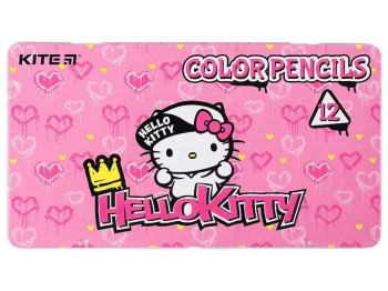 Олівці кольорові тригранні в металевому пеналі Hello Kitty 12шт, Kite