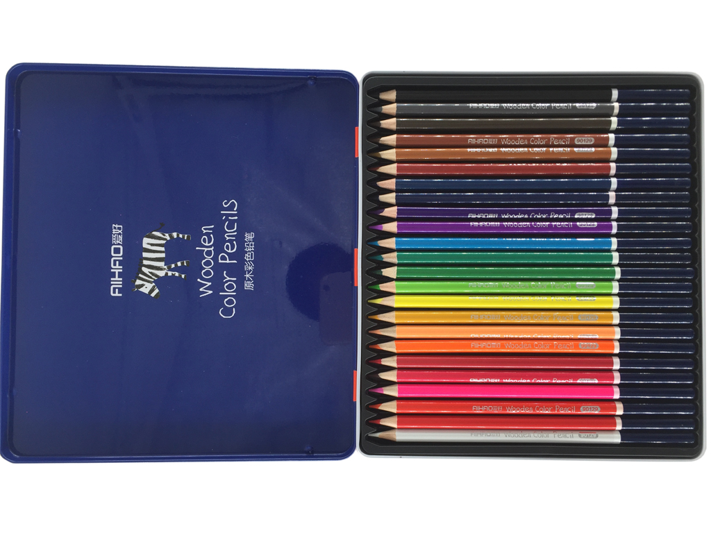 Набір кольорових олівців 24 кольорів в металлічіской коробці. AIHAO AH90129-24