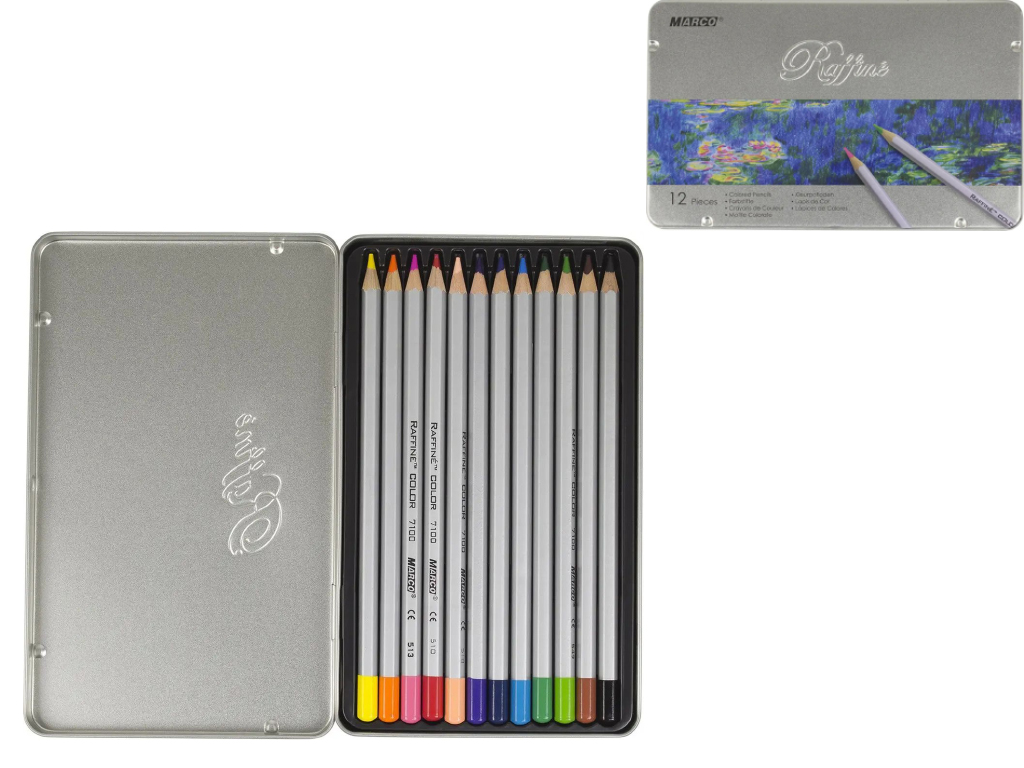 Набір кольорових олівців 12 кольорів Raffine в металевій коробці. Marco 7100-12TN