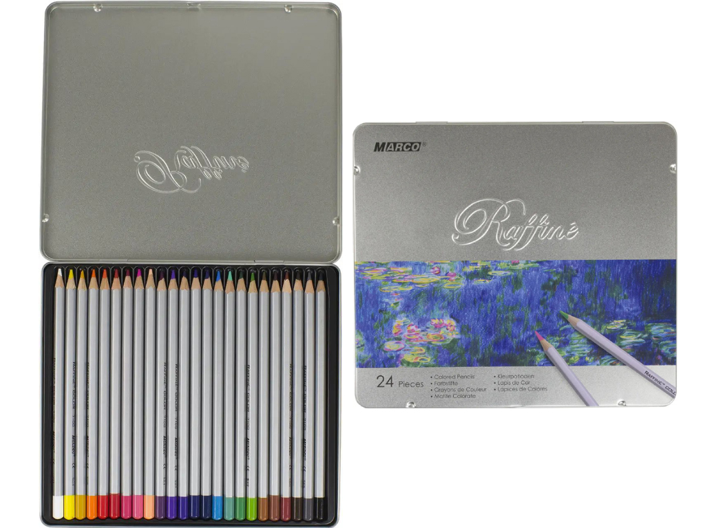 Набір кольорових олівців 24 кольори в металевій коробці Raffine. Marco 7100-24-TN