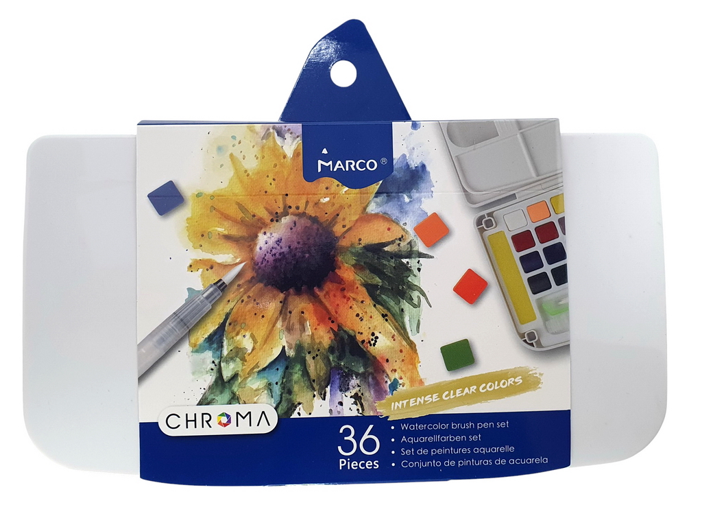 Фарби сухі аквареллю 36 кольорів + пензлик резервуар Chroma. Marco E1050-36AB