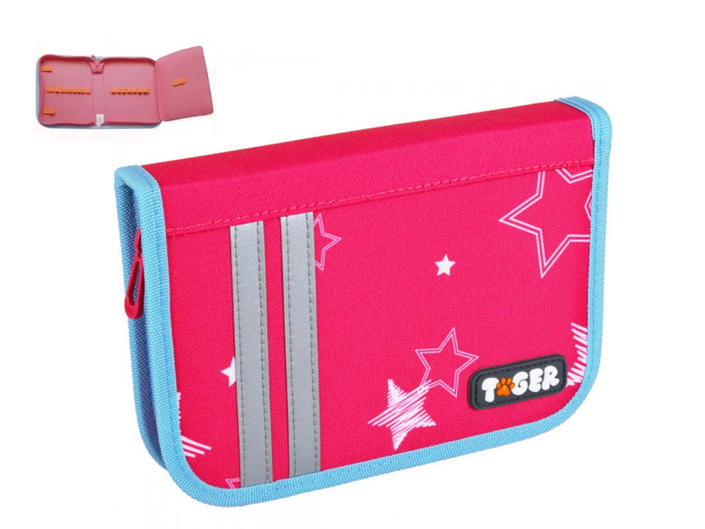 Пенал прямоугольный розовый со звездами и голубой окантовкой, 1 отделение