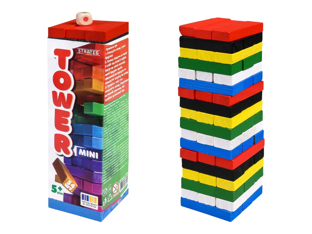 Игра настольная баланс Tower Mini, деревянная башня 18 см, с кубиком, Strateg