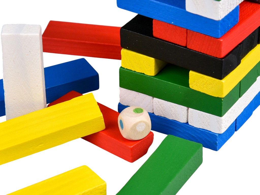 Игра настольная баланс Tower Mini, деревянная башня 18 см, с кубиком, Strateg