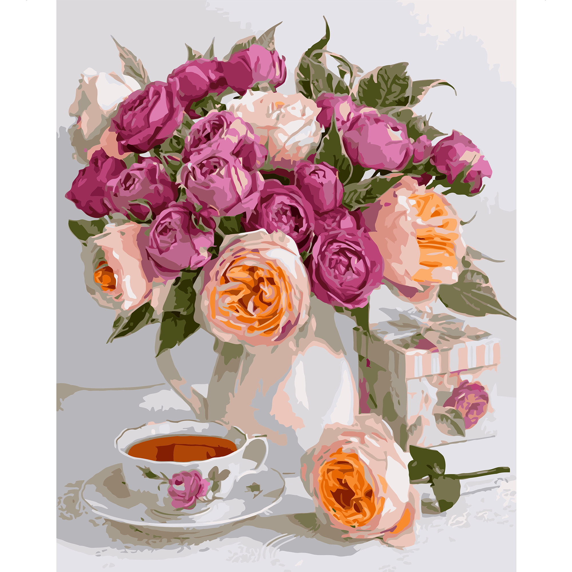 Набір для розпису по номерах Букет троянд та чашка чаю 40х50 см. Strateg VA-1292