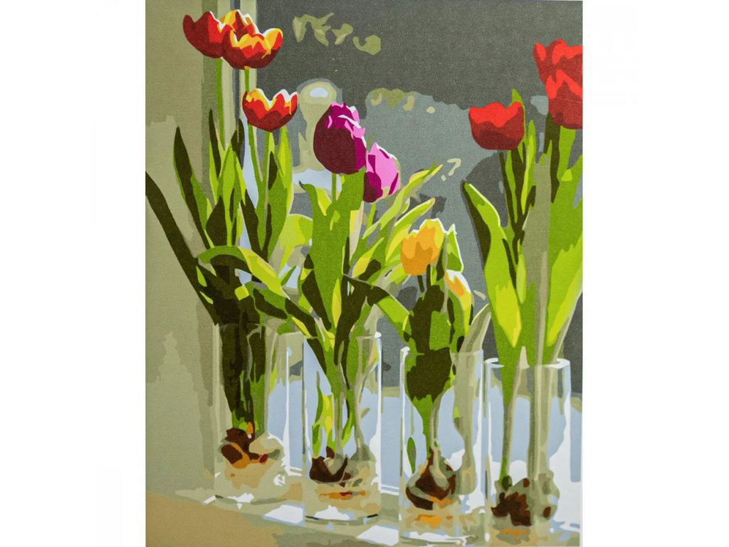 Набор для росписи по номерам Тюльпаны в стаканах с лаком и уровнем 40х50 см. Strateg VA-3397