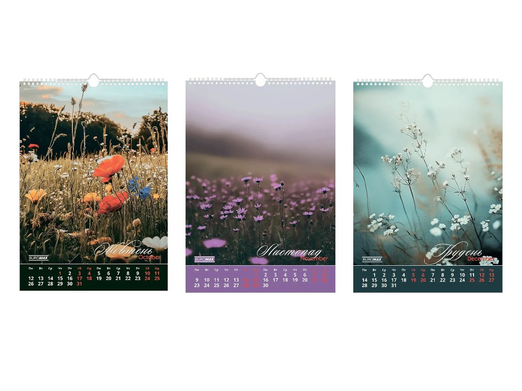Календар настінний Buromax Wild flowers 2026, А3, на 1 пружину