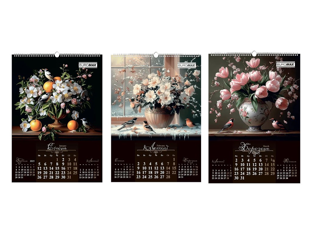 Календар настінний Buromax Flowers and birds 2026, А2, на 1 пружину