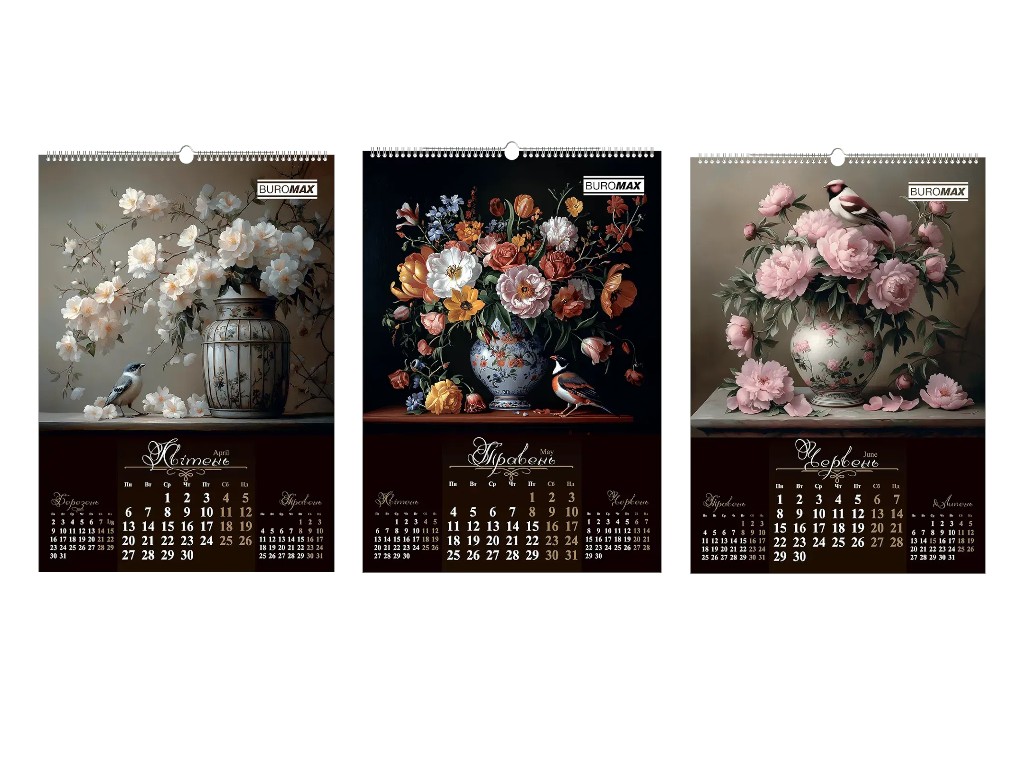 Календар настінний Buromax Flowers and birds 2026, А2, на 1 пружину