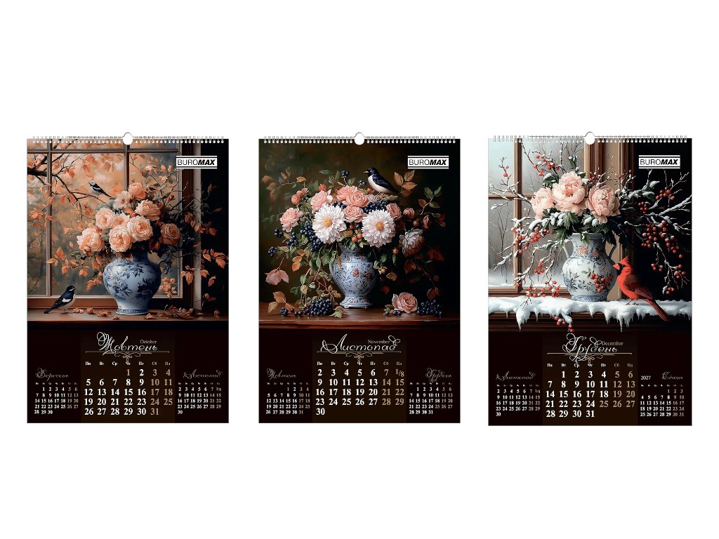 Календар настінний Buromax Flowers and birds 2026, А2, на 1 пружину