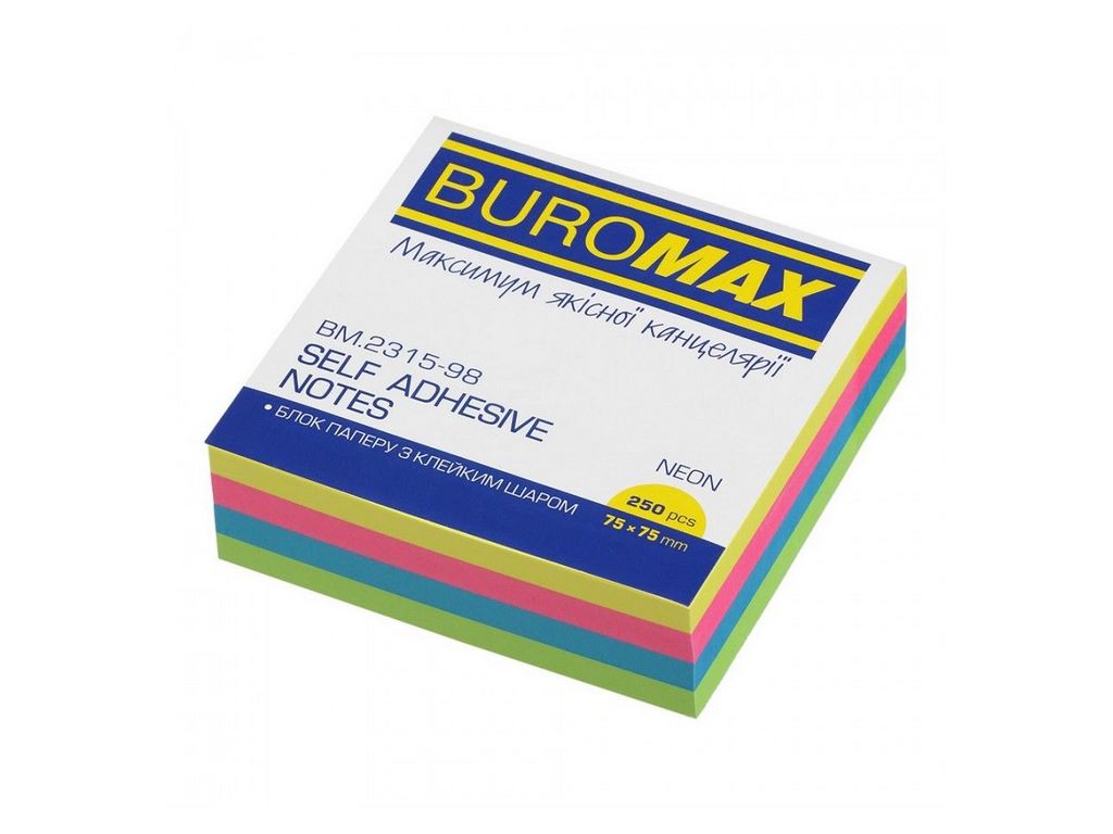 Блок для заметок с клейким слоем 75х75 мм, 250 листов, неон, Buromax BM.2315-98