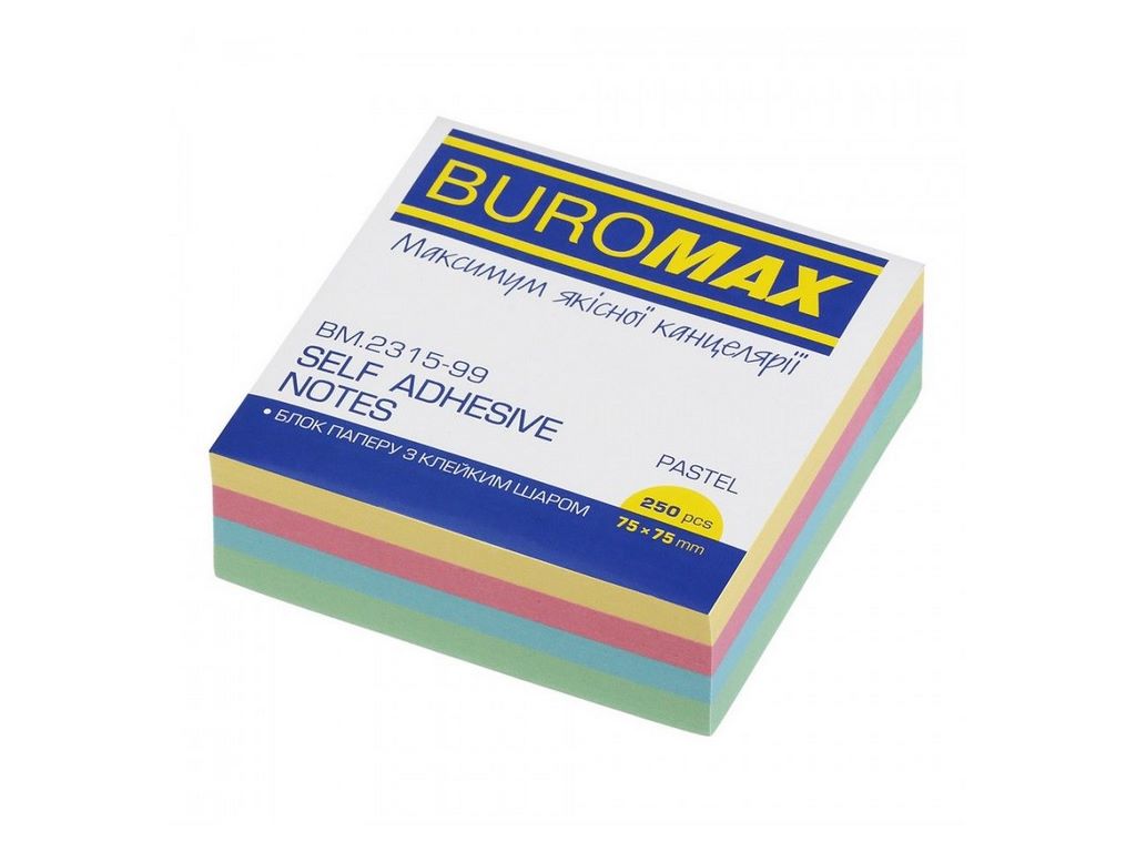 Блок для заметок с клейким слоем 75х75 мм, 250 листов, пастель, Buromax BM.2315-99