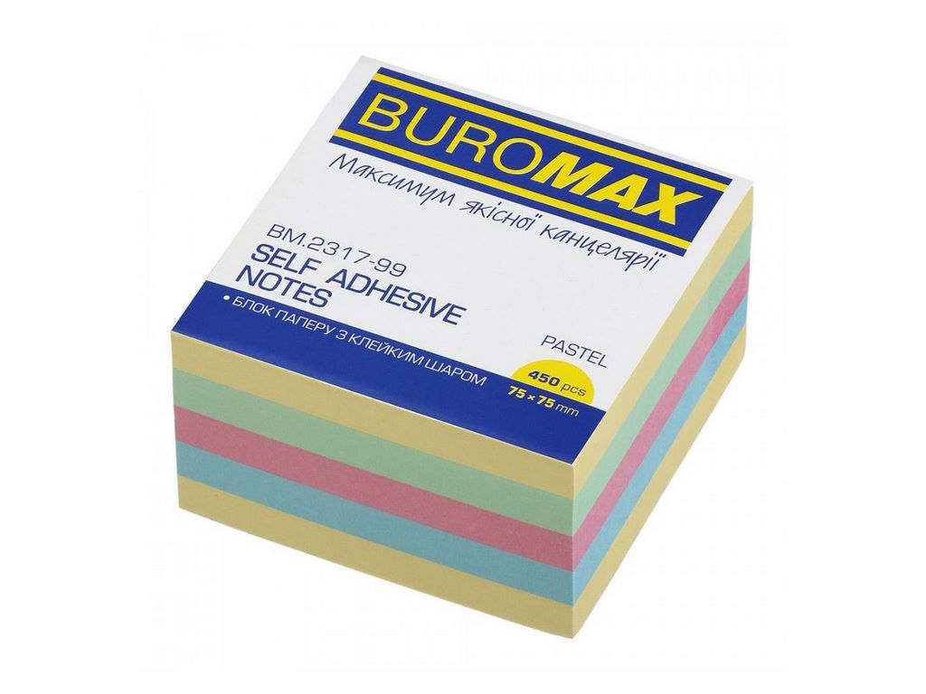 Блок для заметок с клейким слоем 75х75 мм, 450 листов, пастель, Buromax BM.2317-99