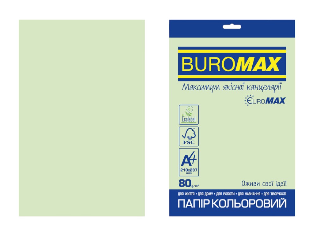 Цветная бумага BUROMAX EUROMAX PASTEL, A4, светло-зеленая, 80 г/м², 20 листов