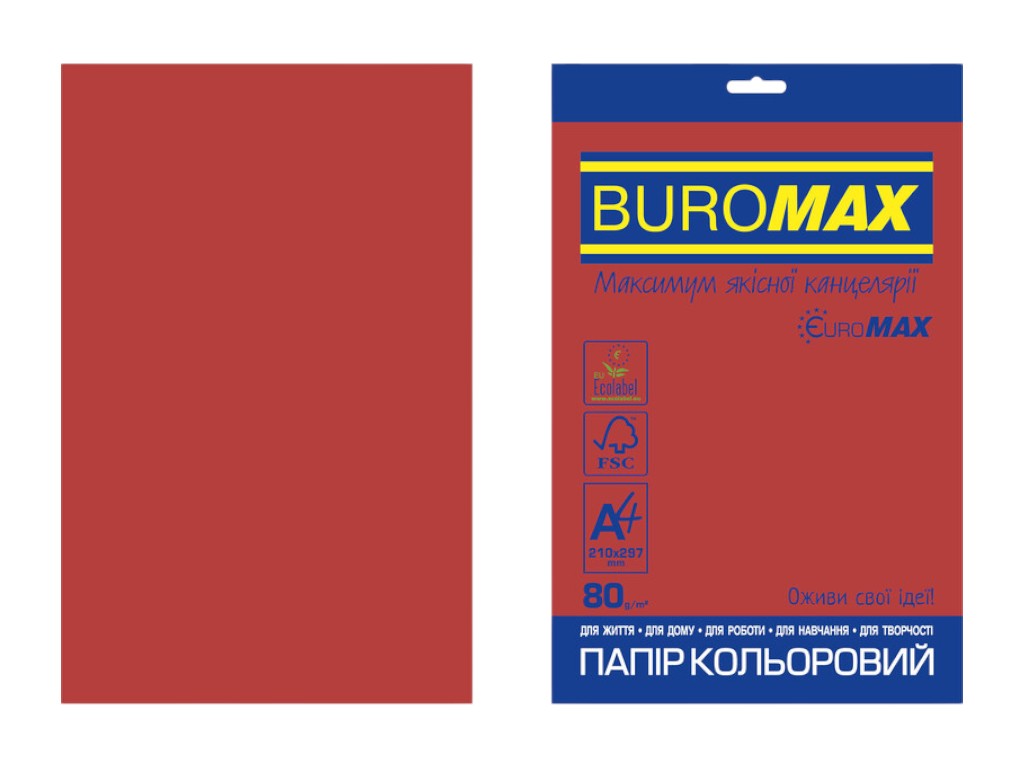 Цветная бумага BUROMAX EUROMAX INTENSIVE, A4, красная, 20 листов