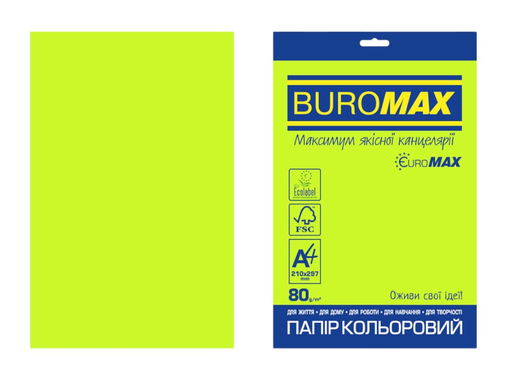 Цветная бумага BUROMAX EUROMAX NEON, A4, зеленая неоновая, 80 г/м², 20 листов