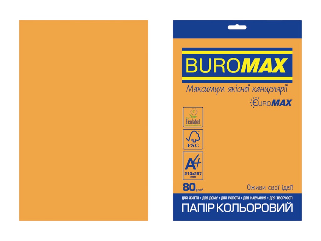 Цветная бумага BUROMAX EUROMAX NEON, A4, оранжевая неоновая, 80 г/м², 20 листов