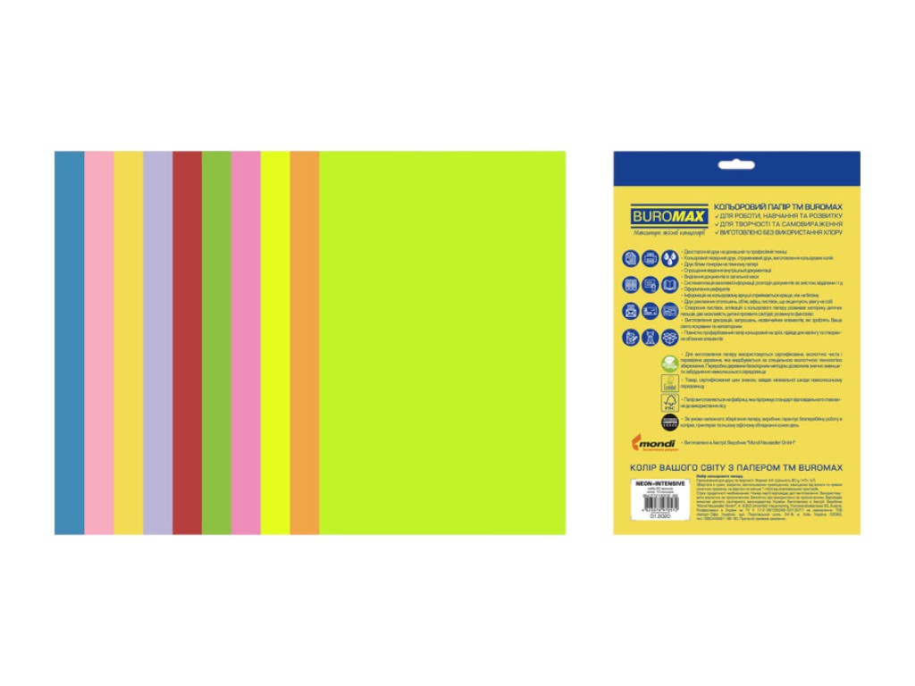 Бумага цветная двусторонняя A4 NEON+INTENSIVE, 10 цветов, 80 г/м², 20 листов