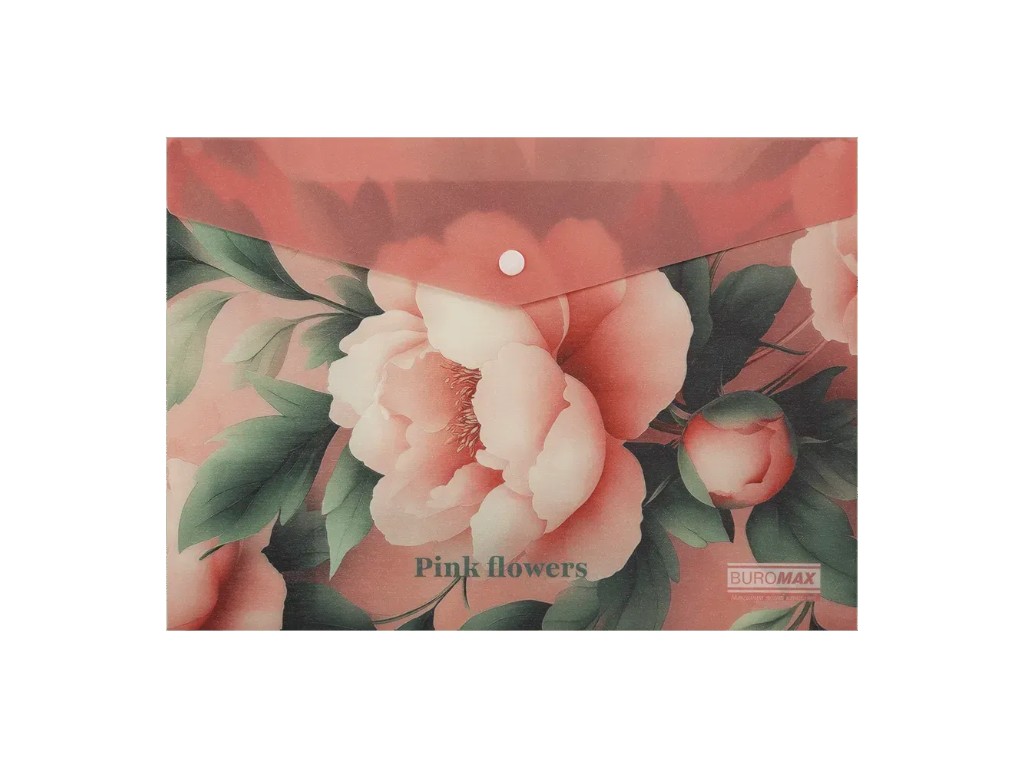 Папка конверт на кнопке с дизайном Pink flowers, A4, пластик 180 мкм