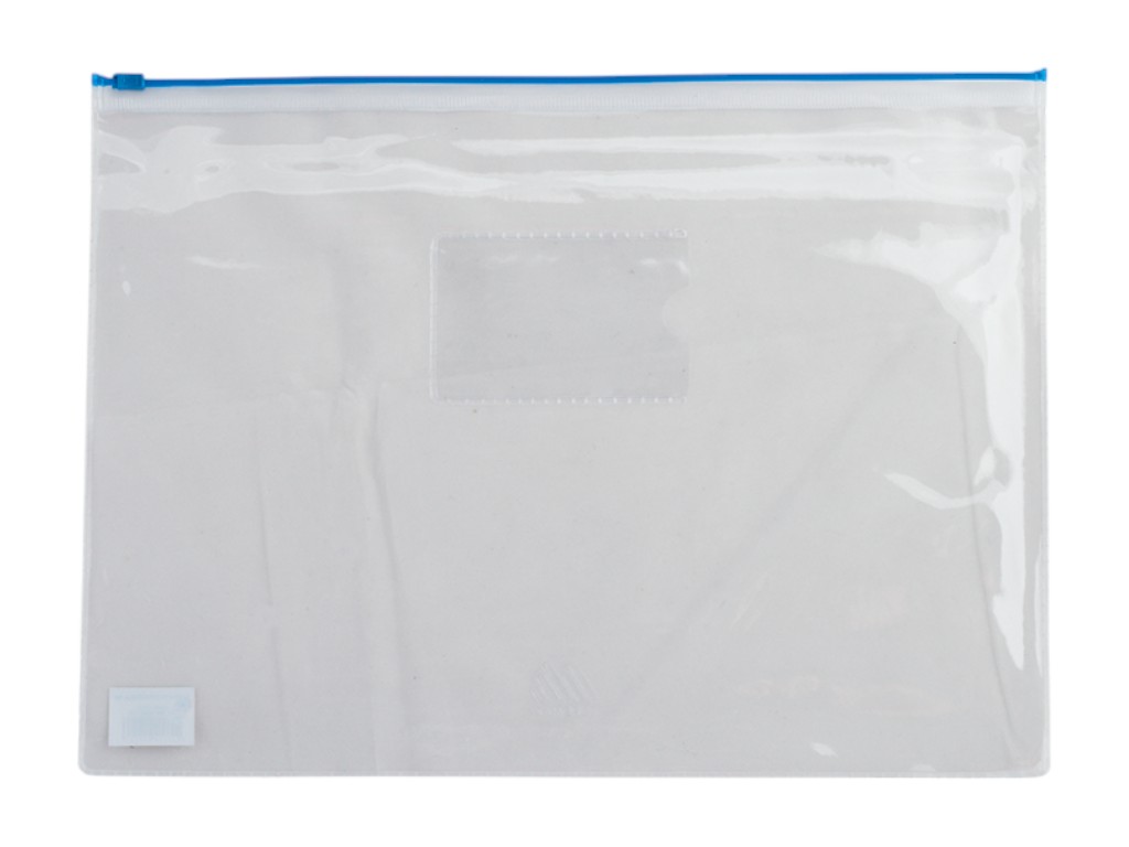 Папка-конверт с молнией ZIP-lock, A4, прозрачная, глянцевая, синий замок
