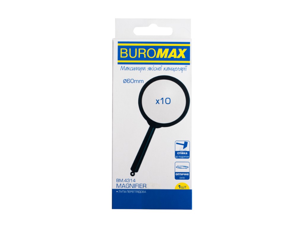 Лупа BUROMAX, 10x, 60 мм, оптическое стекло, пластиковая ручка