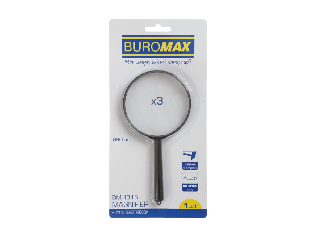 Лупа BUROMAX, 3x, 90 мм, оптичне скло, пластикова ручка