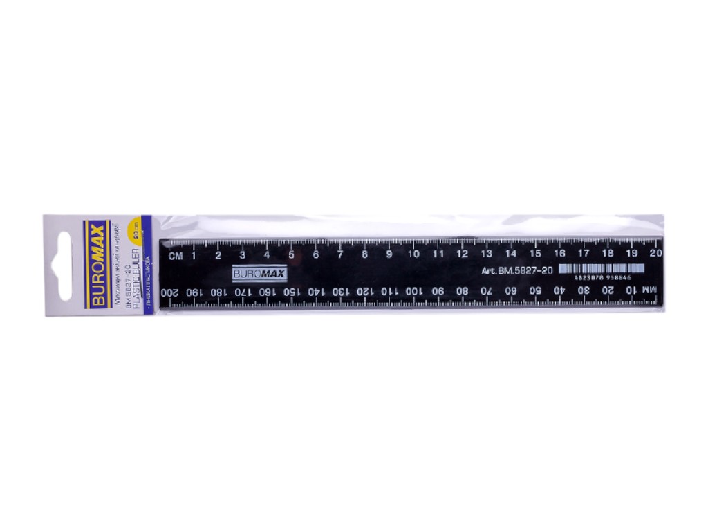 Линейка пластиковая BUROMAX, 20 см, черная