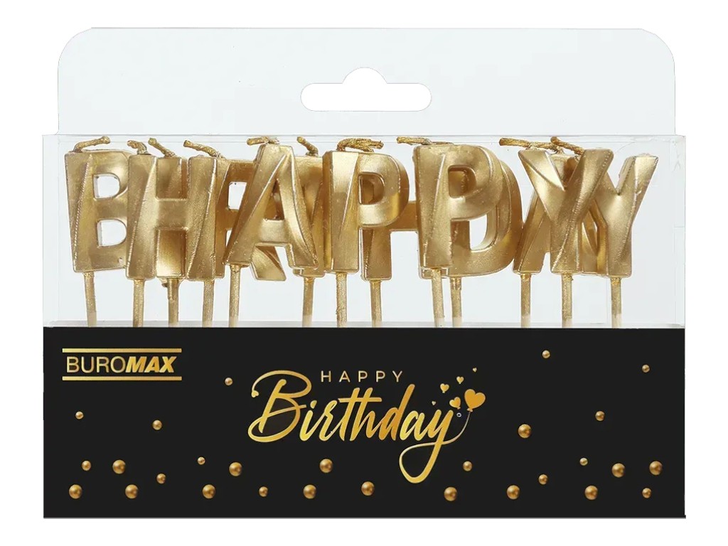 Набор свеч Buromax “Happy Birthday”, с деревянным держателем, золото