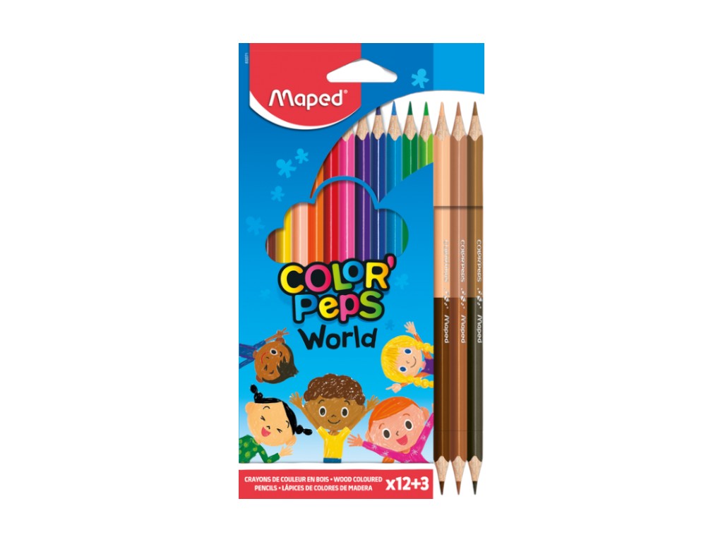 Карандаши цветные COLOR PEPS World 12 цветов + 3 Duo, картонная коробка