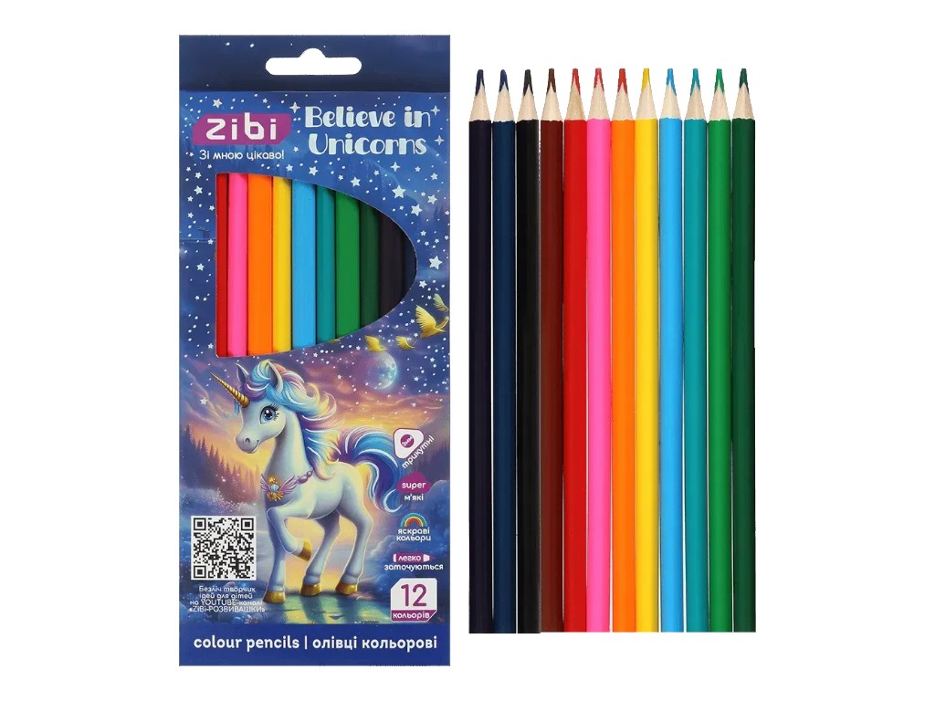 Карандаши цветные, 12 цветов, трехгранные, в картонной упаковке Unicorn