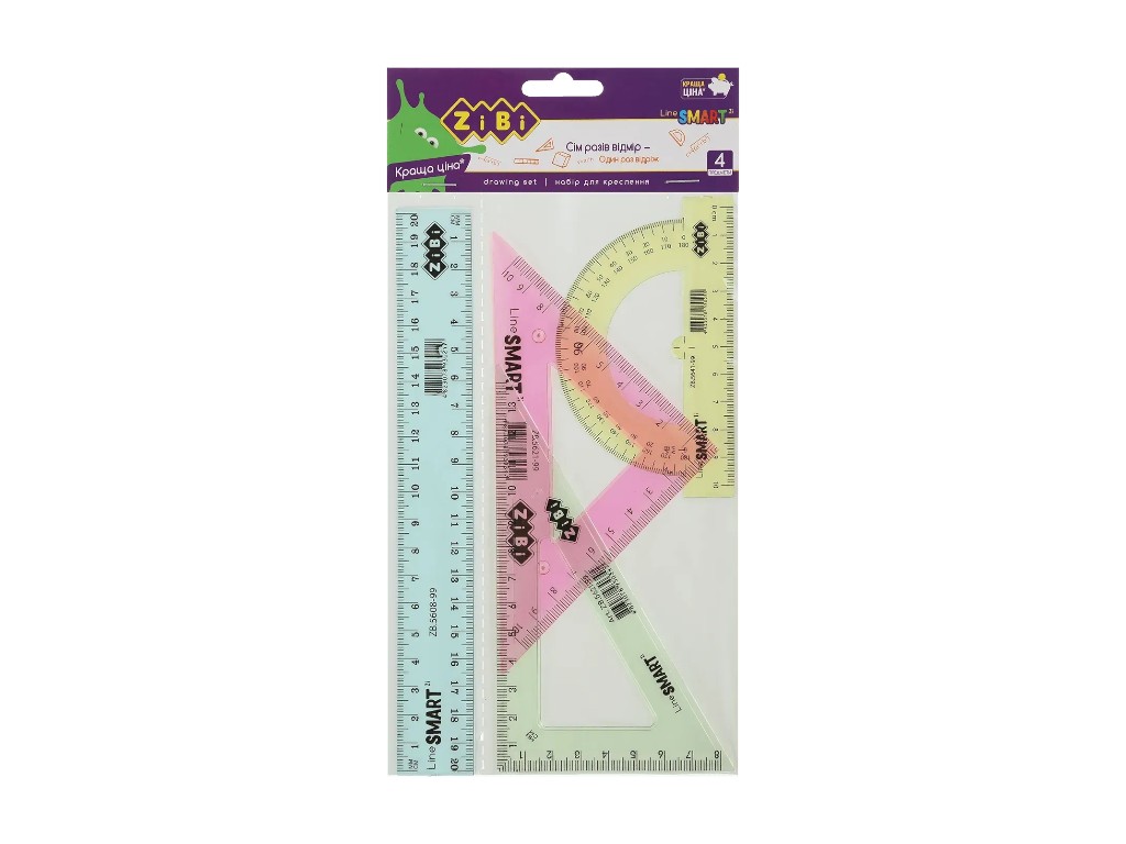 Набір лінійок тонований асорті, лінійка, косинці, транспортир