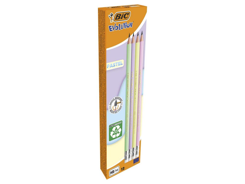 Карандаш графитовый НВ Evolution Пастель, ассорти, с резинкой, в коробке 12шт, BIC bc518306
