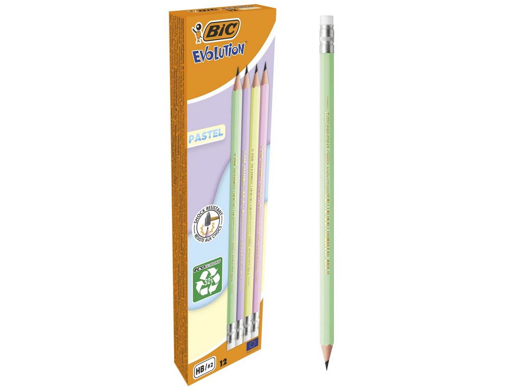 Карандаш графитовый НВ Evolution Пастель, ассорти, с резинкой, в коробке 12шт, BIC bc518306