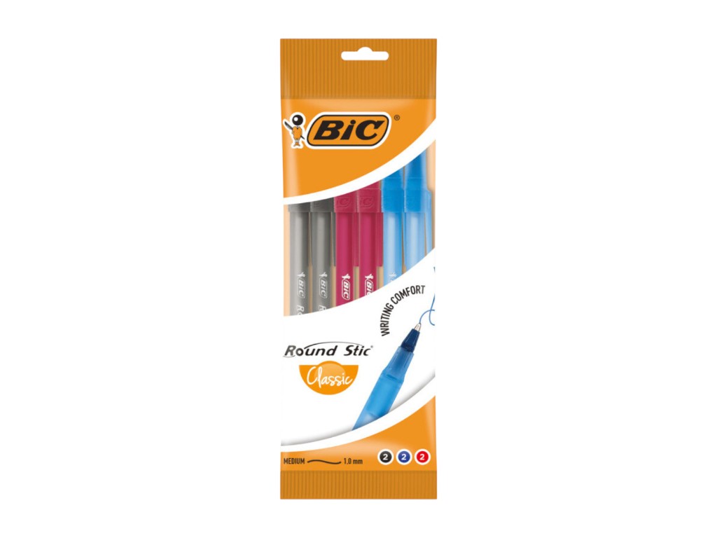 Ручки кулькові BIC Round Stic 1 мм, набір 6 шт асорті, bc929071, BIC