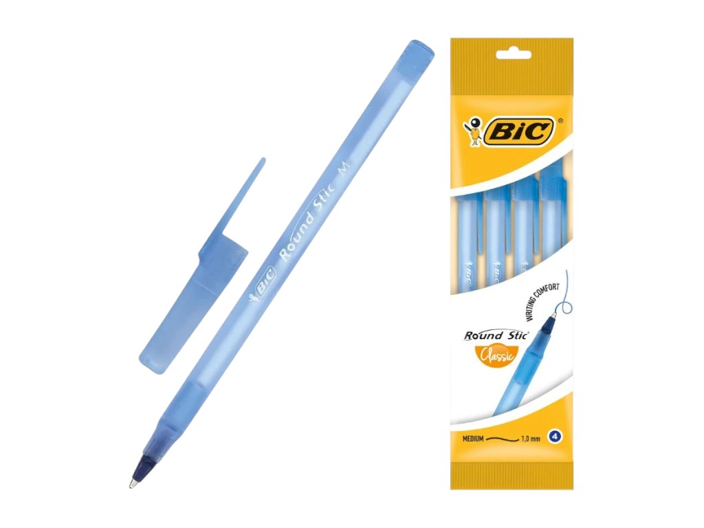 Ручки кулькові BIC Round Stic 1 мм сині, набір 4 шт у блістері, bc944176, BIC