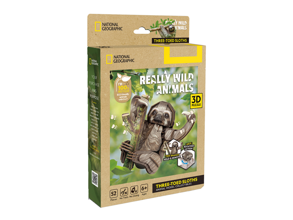 3D пазл конструктор Three-Toed Sloth National Geographic, 16 см, об'ємна модель, Cubic Fun
