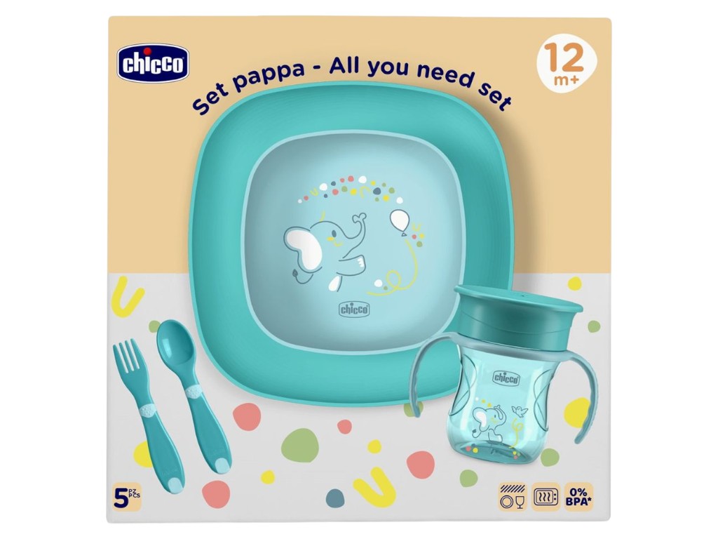 Набор посуды Set Pappa, 12м+, 5 предметов, голубой, Chicco