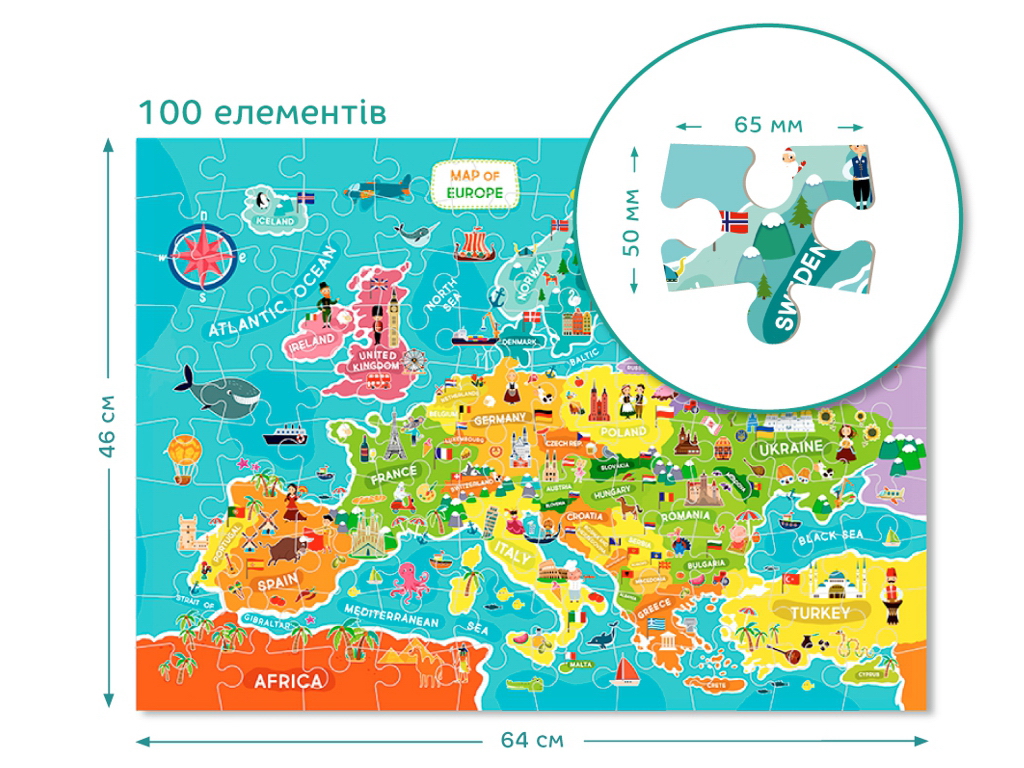 Пазл Карта Европы, Английская версия, 100 элементов, DoDo 300124
